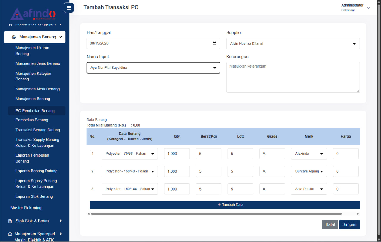 Screenshot ERP MANUFAKTUR TEKSTIL TERINTEGRASI